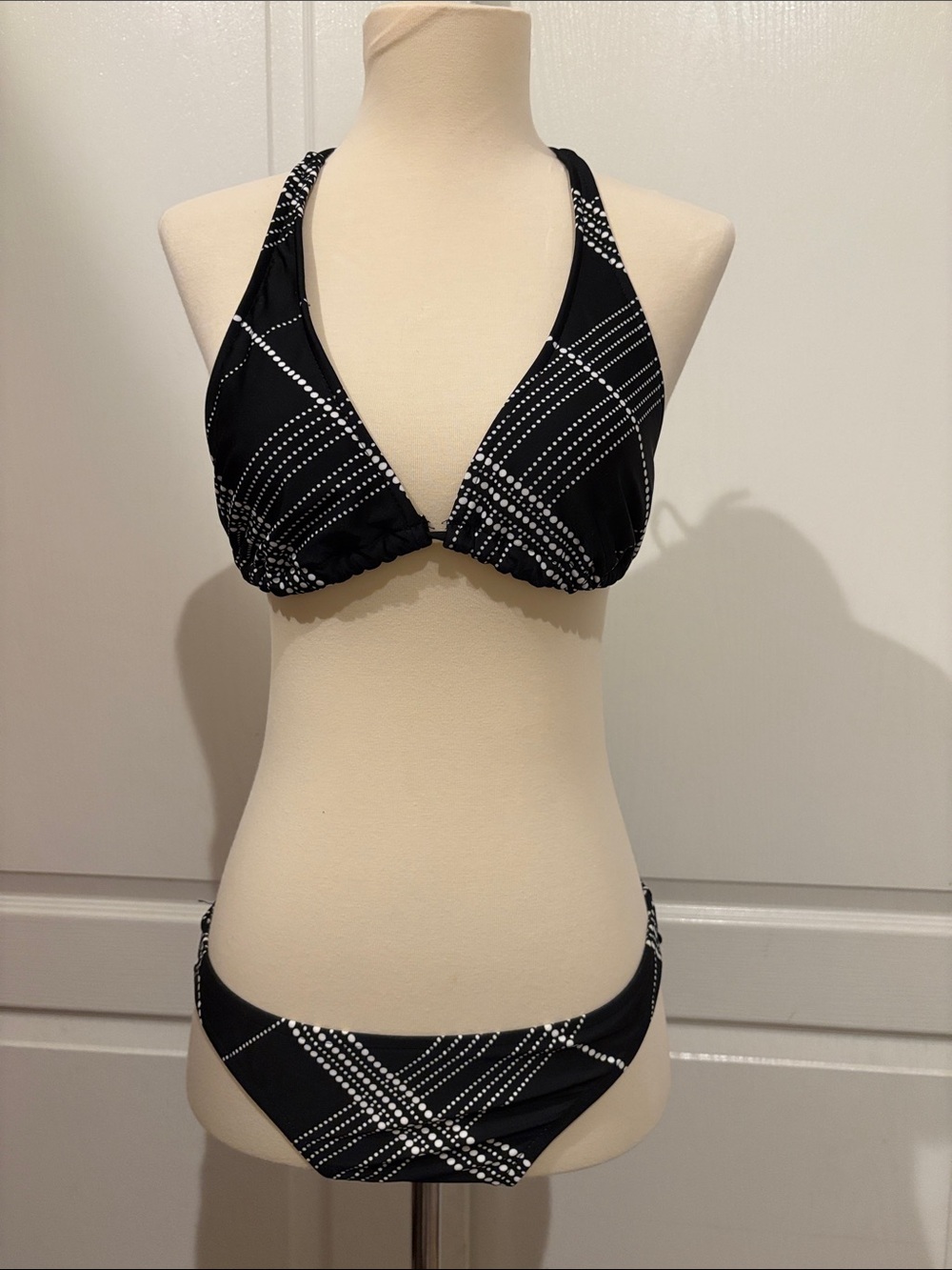 Black White Dot Plaid Halter Bikini Set - Women's Swim